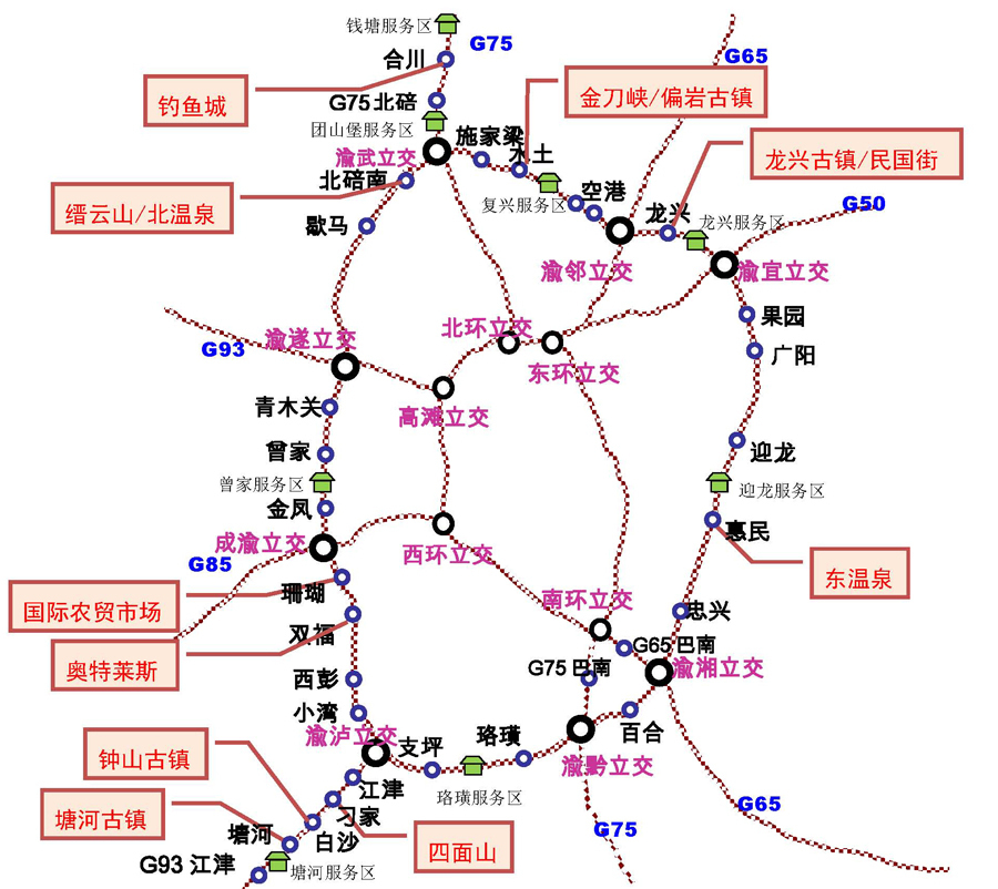 绕城高速简图及周边旅游景点.