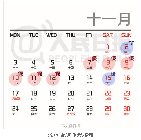 2014APEC会议期间北京将放假调休6天