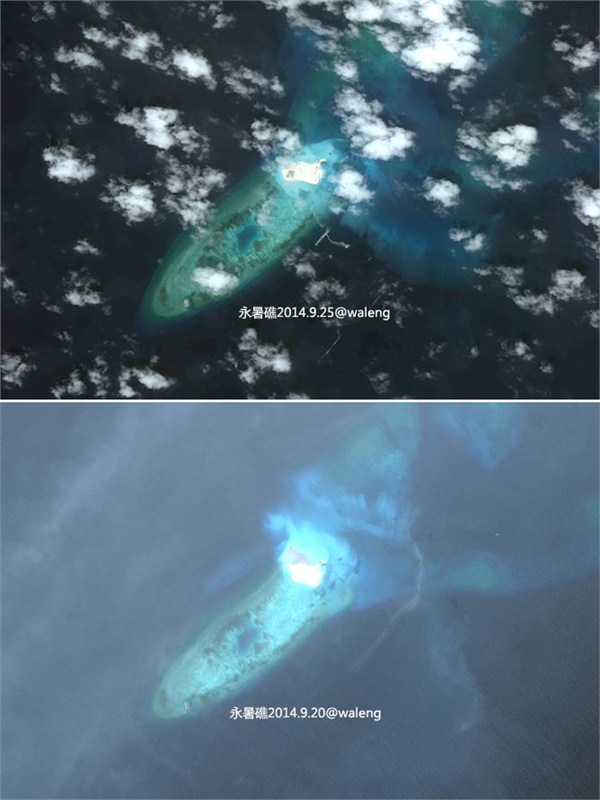 网络流传的9月底不同时期永暑礁卫星照片对比图