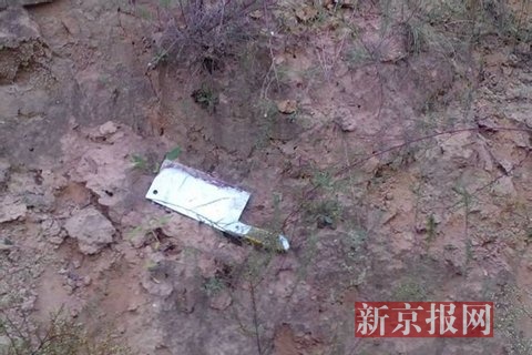 据知情人提供的现场图片显示,在一片黄泥地中,有大片血迹流淌并留下一片暗黑色印迹。血迹中,还有一把不锈钢菜刀。
