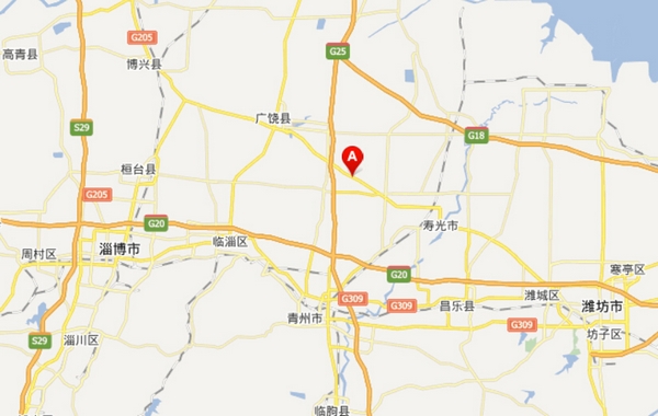寿光市龙源食品有限公司位于该市化龙镇裴岭村。图中A点处为化龙镇。