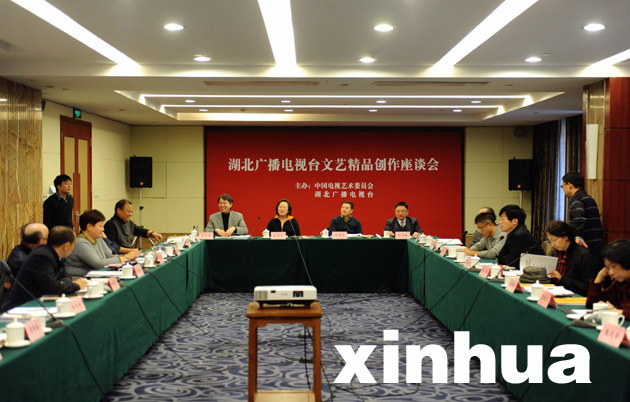 12月14日,湖北广播电视台台长王茂亮(左)在座谈会上介绍湖北广播电视