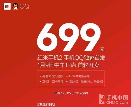 仅两天时间 红米2预约量已突破1000万