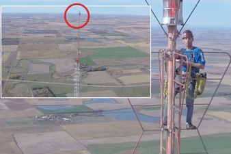 凯文仅靠腰间一条安全绳保护自己的安全，并爬上了位于美国南达科塔州的一处高约1500英尺（约457.2米）的电视塔。
