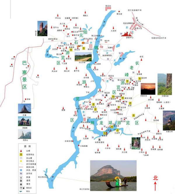 丹霞山主要景区和山峰分布图(点击可放大)   █ 当地交通