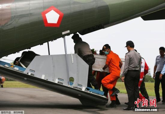 当地时间2015年1月19日，印尼庞卡兰布翁，依斯干达空军基地，救援队成员正将装有亚航失事飞机遇难者尸体的棺材抬上一架CN2950运输机。
