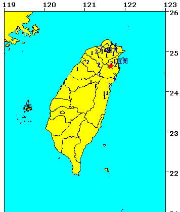 红星表示震中位置台湾宜兰县大同乡。台湾气象部门网站