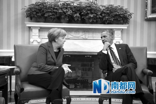 2月9日，美国总统奥巴马(右)和到访的德国总理默克尔在美国华盛顿白宫举行会谈。