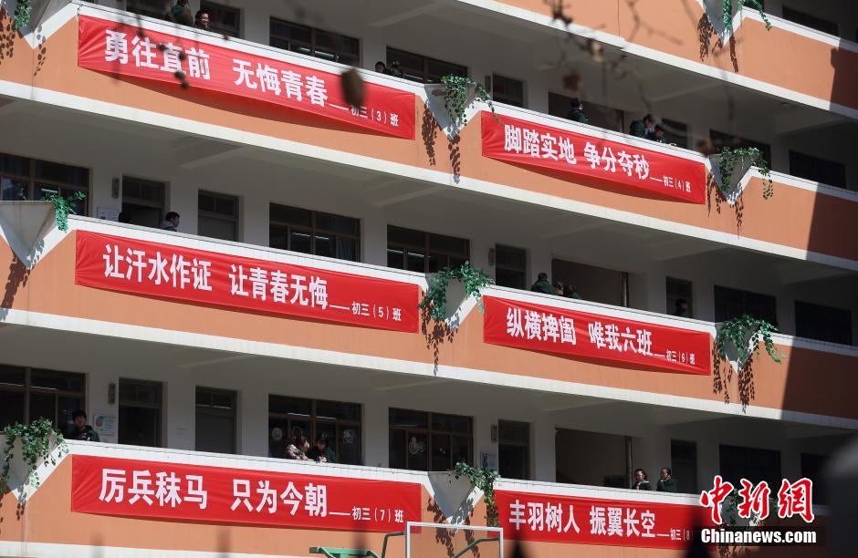 南京一所中学高挂"冲刺作文"励志中考(初中)叶落组图横幅图片