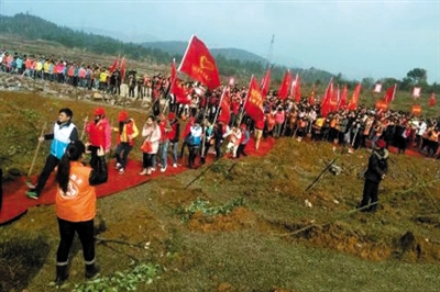 3月12日植樹節，湖南永州市零陵區多個單位組織的植樹活動中，區領導、志愿者等人踩著紅地毯前往植樹現場。微博截圖