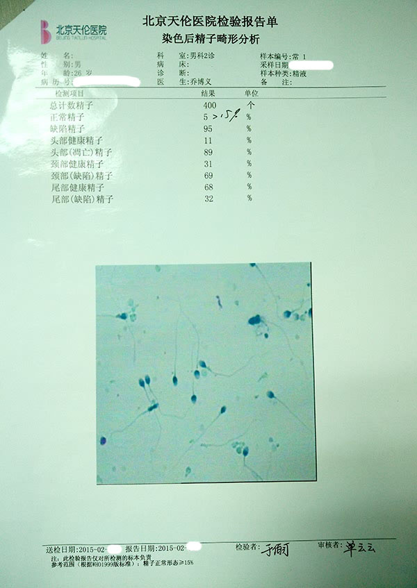 北京天伦不孕不育医院染色后精子畸形分析报告