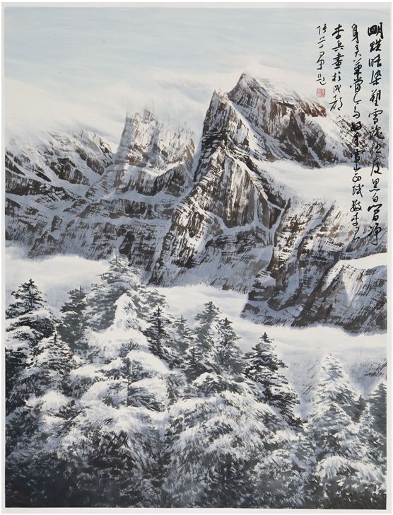 填补了中国水墨写实雪山画的空白,开创了冰雪山水画  2001年12月