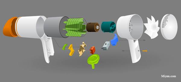 下面是一张电吹风结构分解图,一起来了解一下