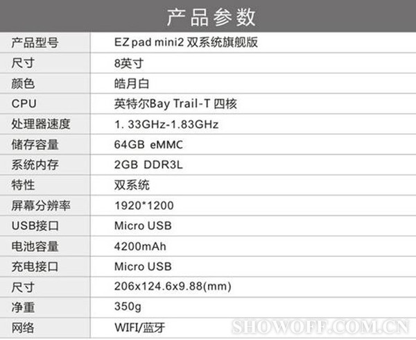 699元 中柏双系统ezpad mini2旗舰版带回家 配置方面,中柏ezpad mini