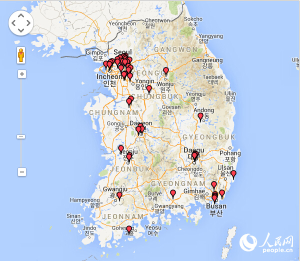 韩国 医院分布图,最集中红色区域为由首尔及京畿道地区组成的首都圈.