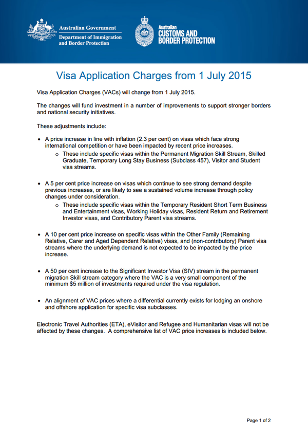 澳洲各类签证费7月1日起涨价