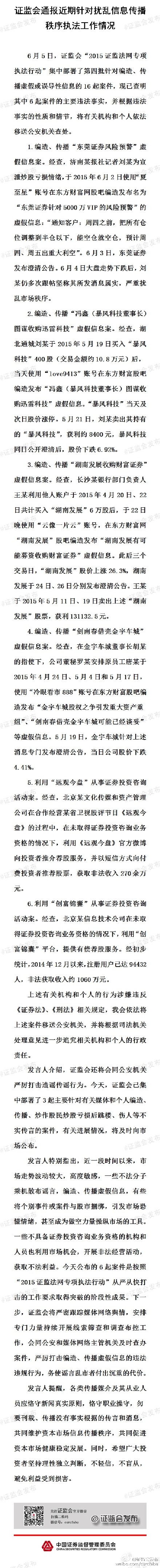 中新网7月3日电  据证监会官方微博消息，证监会今日通报了6起案件违法事实，并将有关机构和个人移送司法机关。