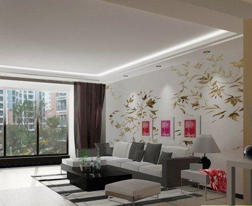 这款客厅沙发背景墙效果图中的设计,采用了手绘效果的风景画,加入几