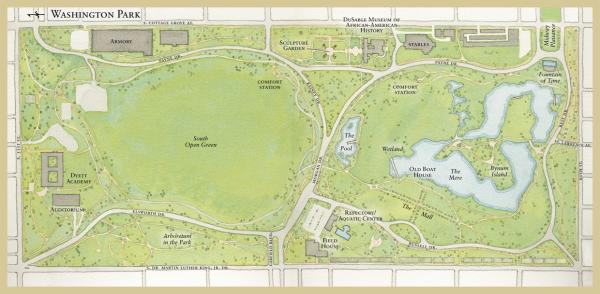华盛顿公园的水彩画。图像来历:https://www.behance.net/gallery/1095465/Map-of-Washington-Park-for-the-Chicago-Park-District