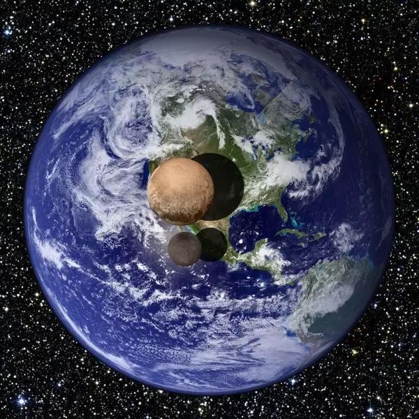 超震撼!人类已观测到的宇宙全貌!  冥王星和冥卫一与地球大小的对比.