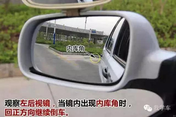 5,往右打方向之后,观察左后视镜,当看到内库角时,向左回正方向.
