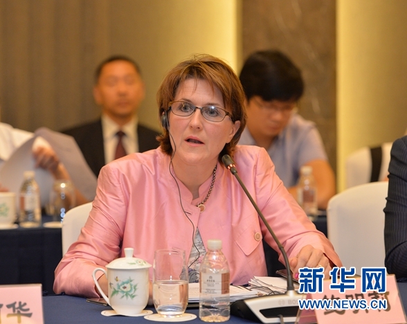 德国工商大会大中华区上海代表处首席代表鲍明莉在座谈会上发言。 盛一鸣