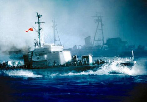 原文配图：西沙海战，中国海军的6604型猎潜艇向南越驱逐舰猛烈射击。