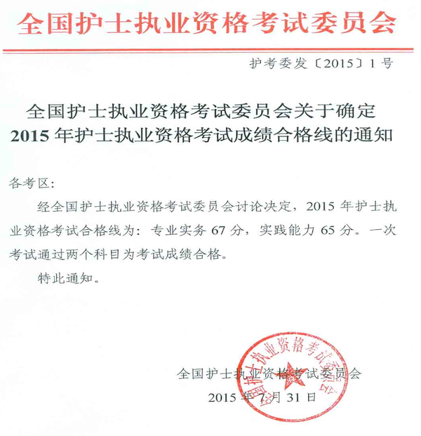 中国卫生人才网2015护士资格考试合格分数线