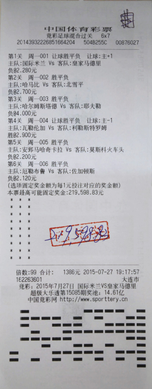 近日,大连一位技术型彩民购买的6串7竞彩足球混合过关彩票,6场全部