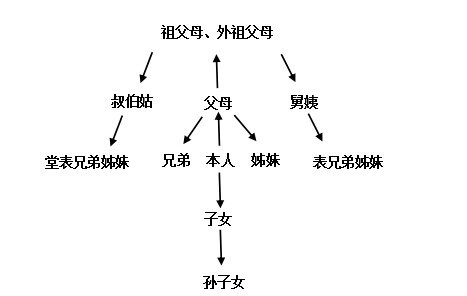 旁系血亲,如下图所示: 人类两性关系的发展表明血缘过近的亲属间通婚