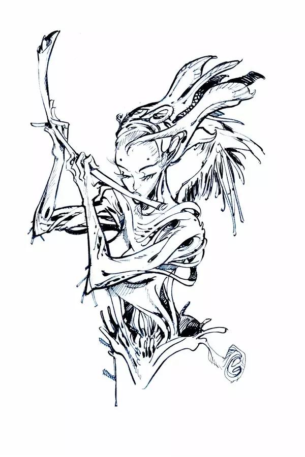 金鱼黑白手绘插画_手绘