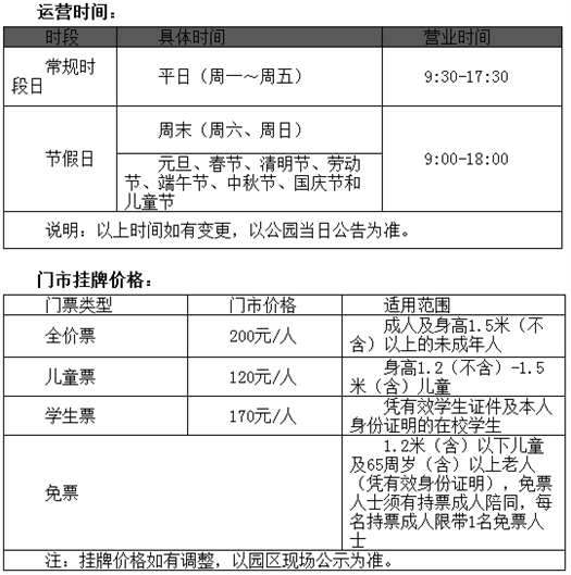 下面是乐华城运营时间及相关门票价格列表