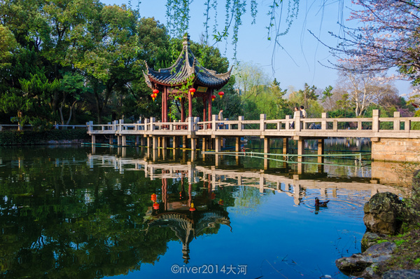 湖面上的小亭子古朴精致,四面透风,最适合夏天乘凉.