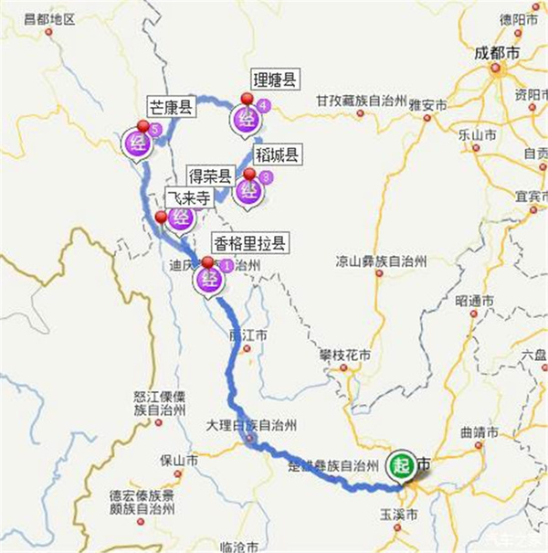 全程(约2200km)路线为:昆明—622km—香格里拉县—78km—奔子栏—67km