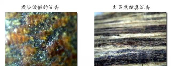 人工上色的沉香在20倍放大镜下油线大片粘连毫无层次感,天然沉香则油