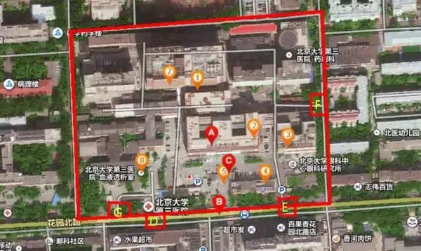 北医三院在这里图中标注为a点即为北京大学第三医院,公交,地铁,自驾