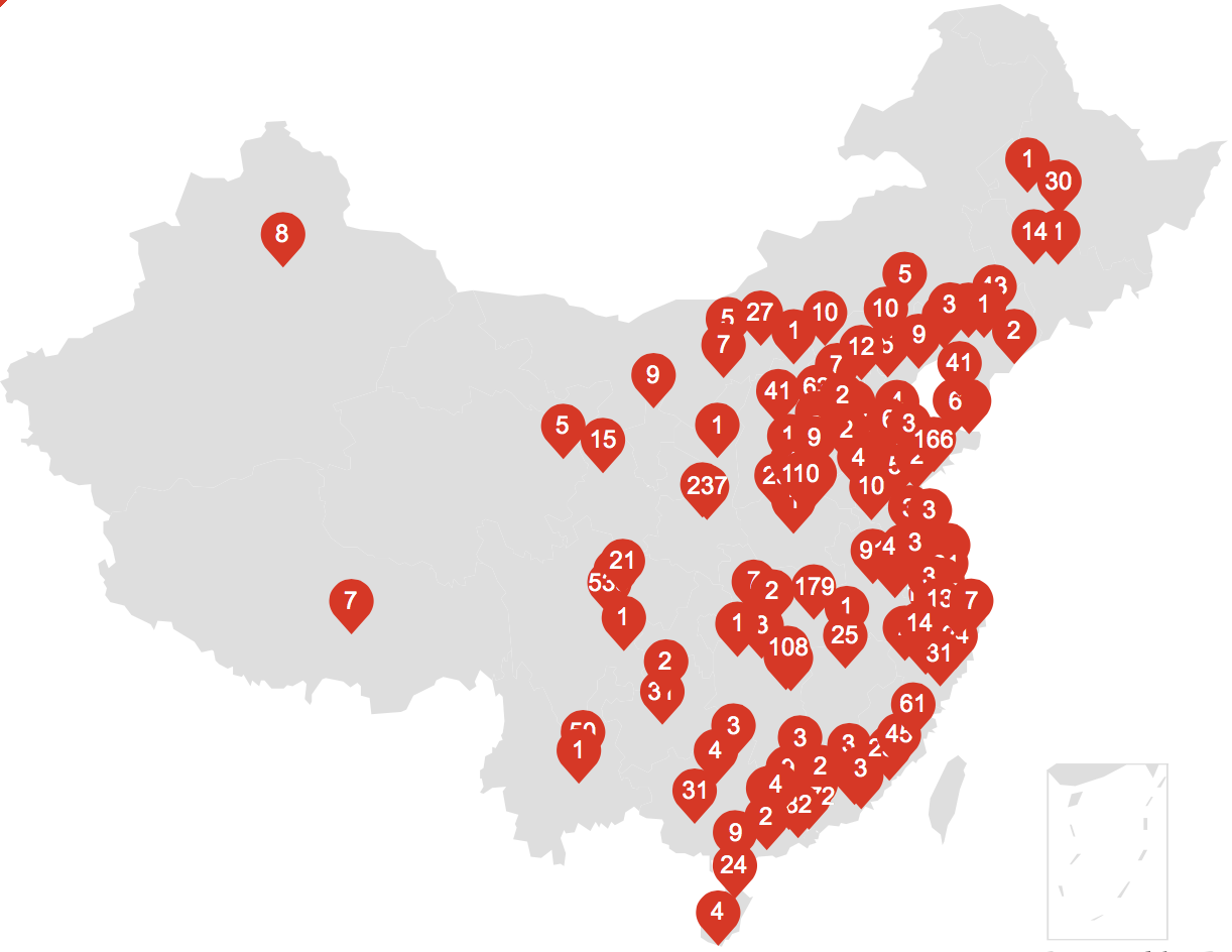 2015年上半年中国主要城市举办的规模性会议分布图(数据来源:易会云)