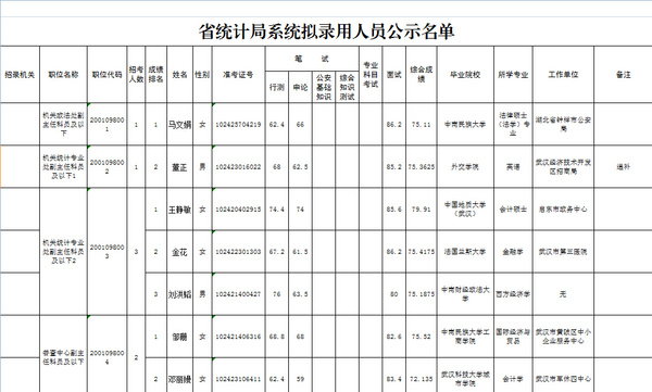 2015湖北省统计局系统考试录用公务员拟用名