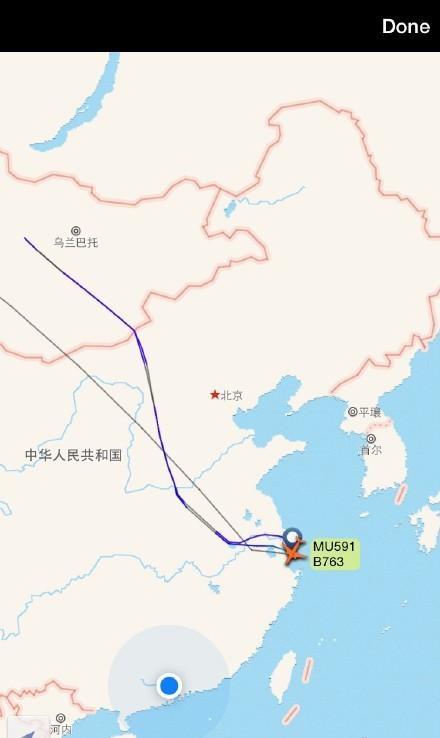 东航mu591航班9月12日折返上海航线图(下)和在浦东机场上空盘旋航线图