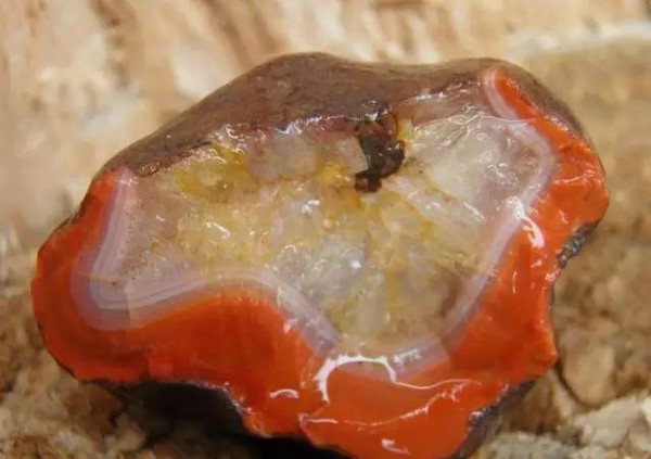 南红玛瑙之中只有在冻石与其水料之中较为常见这种瑕疵形态的出现.