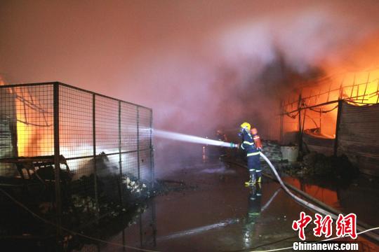 福州一批发市场失火，百余名消防员火场内筑人墙“分割”扑灭 。 朱晓航 摄