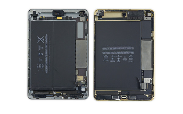 掀开前面板,就可以看见ipad mini 4内部一整块的电池和l形主板.
