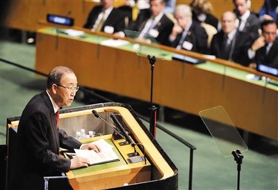 當地時間28日，聯合國秘書長潘基文在聯大一般性辯論上講話。 新華社記者 王雷 攝