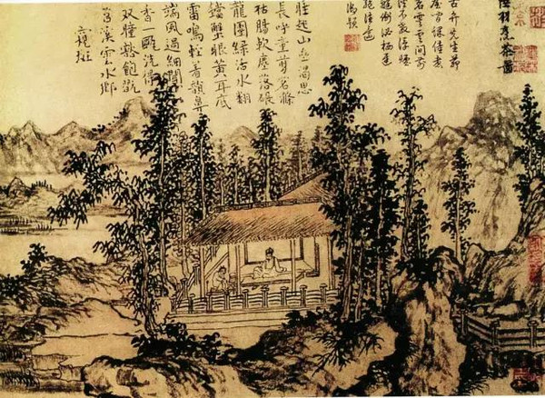 赵原:陆羽烹茶图(元)纸本设色 纵27.0厘米,横78.