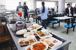 10月16日,在太原科技大学南校区学生食堂,饭桌上整盘的饭菜,整碗大米