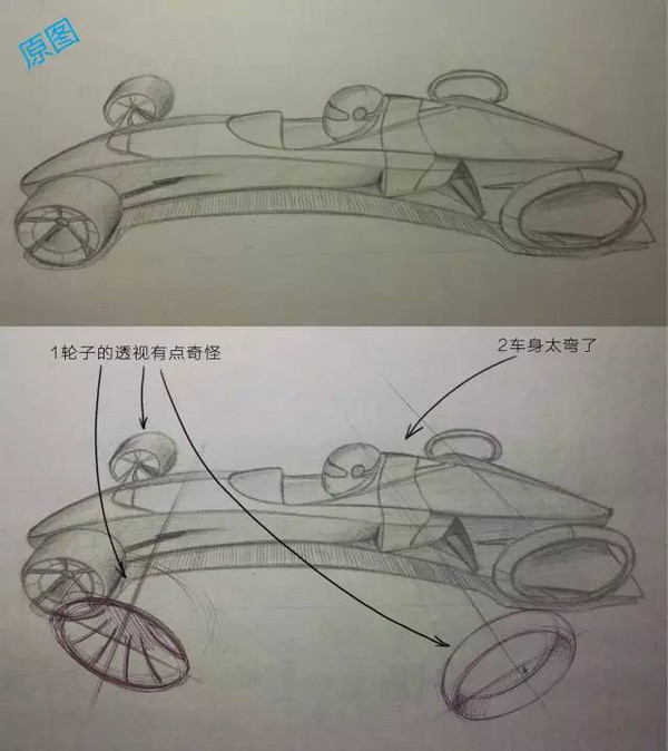 1,轮子的透视有点奇怪.2,车身太弯了.