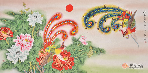 客厅装饰画选择二:工笔画家仇谷花鸟画作品牡丹凤凰图《丹凰朝阳》
