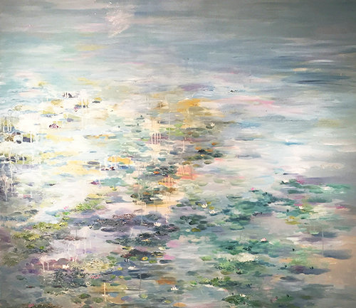 徐璟莲花题材的油画所体现的是,朵朵莲花被碧绿的荷叶映衬得益发素洁图片