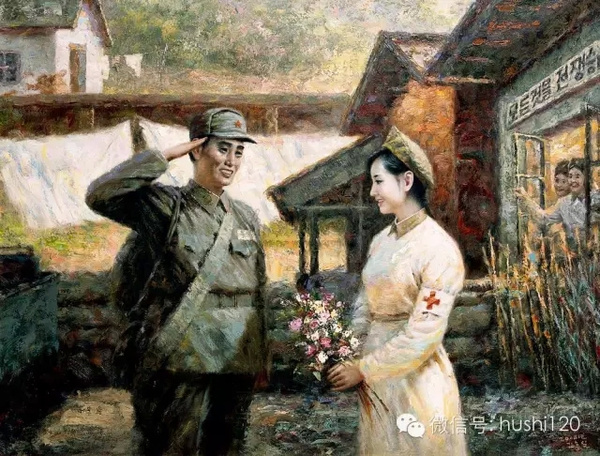 这是朝鲜一名画家的作品,创作于2008年,反映的是朝鲜军人与护士之间的