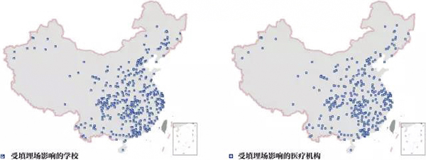 图13 中国垃圾填埋场恶臭影响的敏感单位空间分布